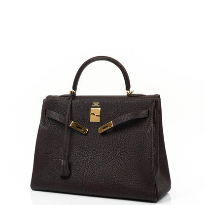 Hermès Kelly 35 Retourne Marron Fonce Fjord Leder mit Goldbeschlägen