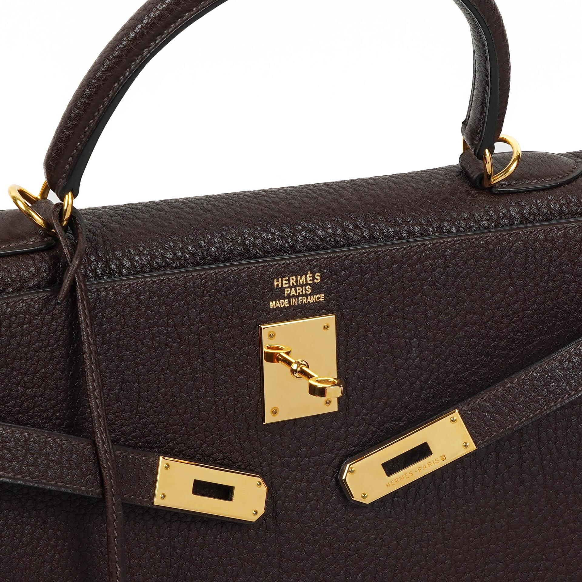 Hermès Kelly 35 Retourne Marron Fonce Fjord Leder mit Goldbeschlägen