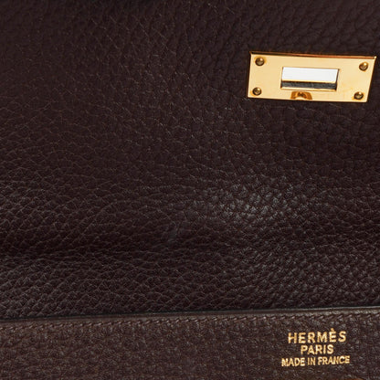 Hermès Kelly 35 Retourne Marron Fonce Fjord Leder mit Goldbeschlägen