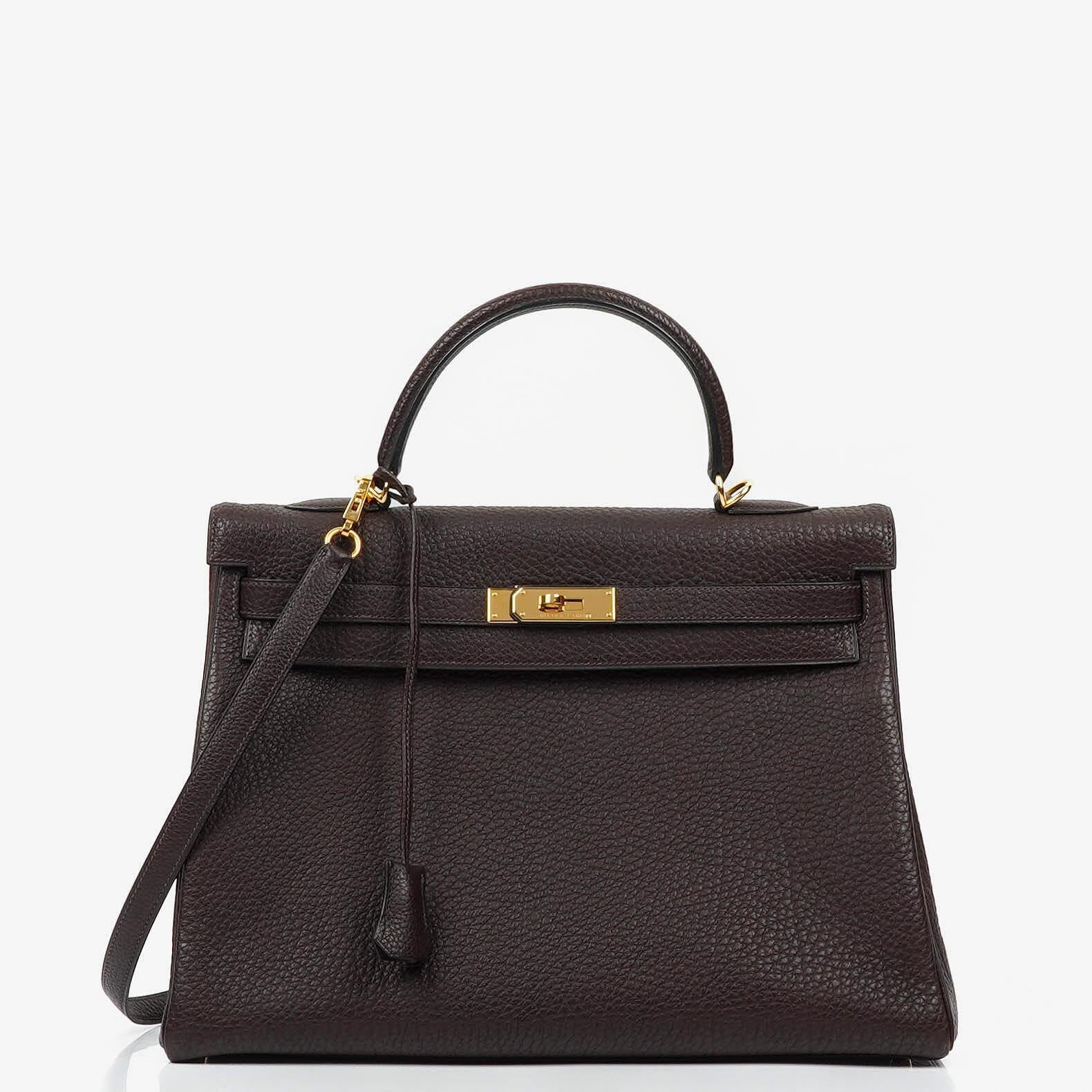 Hermès Kelly 35 Retourne Marron Fonce Fjord Leder mit Goldbeschlägen