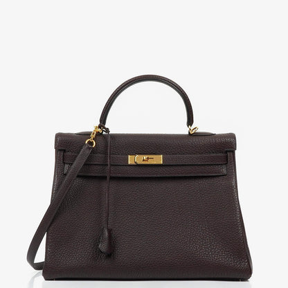 Hermès Kelly 35 Retourne Marron Fonce Fjord Leder mit Goldbeschlägen