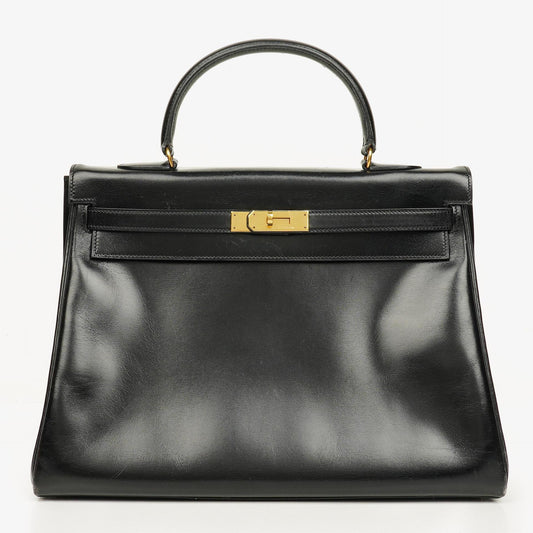 Hermes Kelly 35 Retourne Vintage Schwarzes Boxkalb Goldbeschläge, 1987