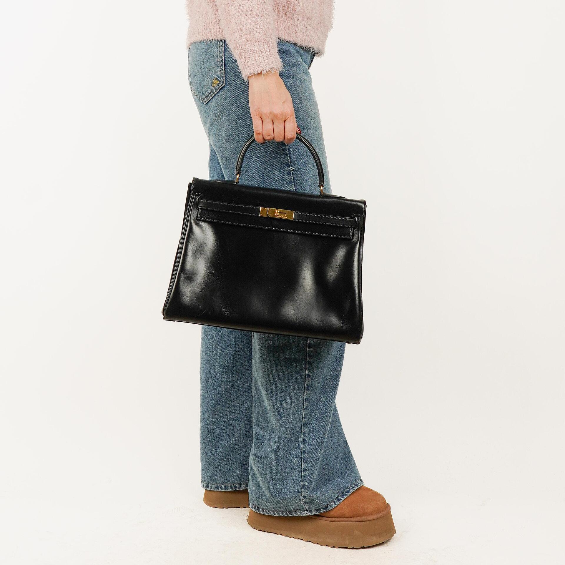 Hermes Kelly 35 Retourne Vintage Schwarzes Boxkalb Goldbeschläge, 1987