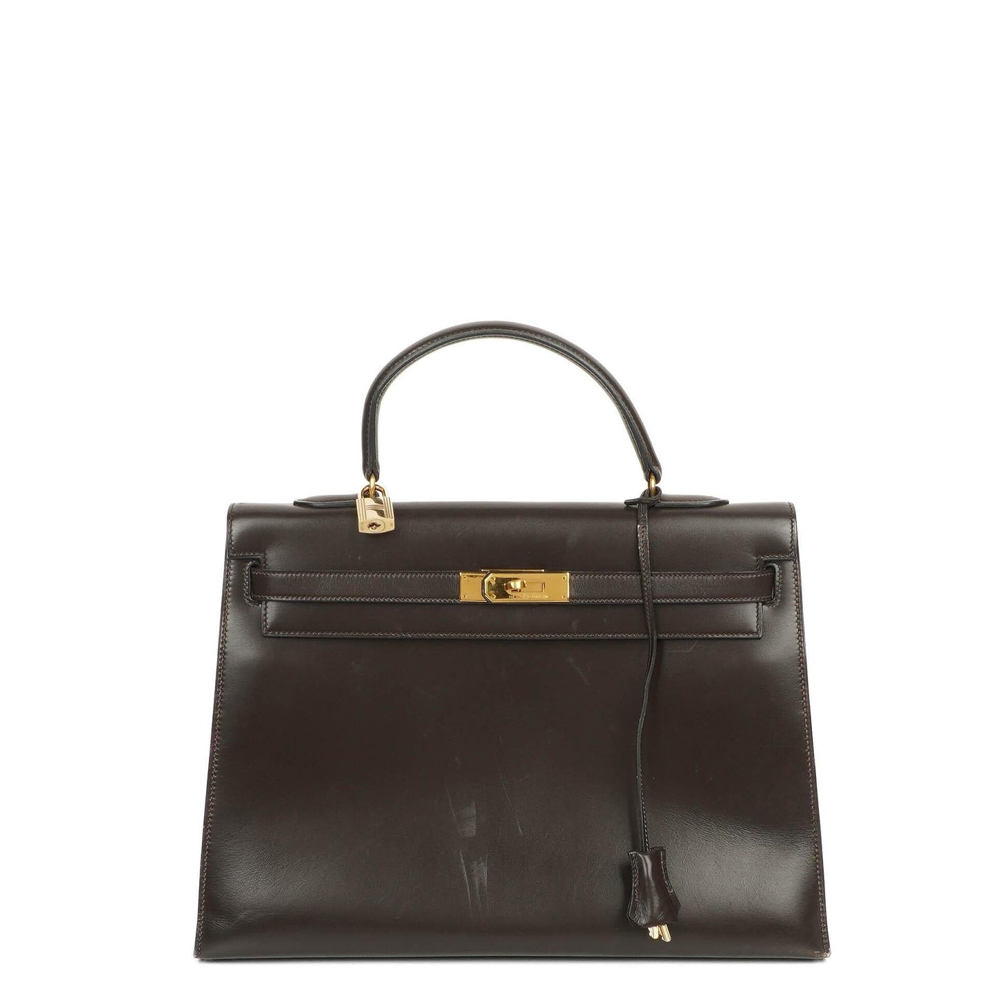 Hermès Kelly 35 Sellier aus braunem Boxkalbsleder und goldfarbener Hardware
