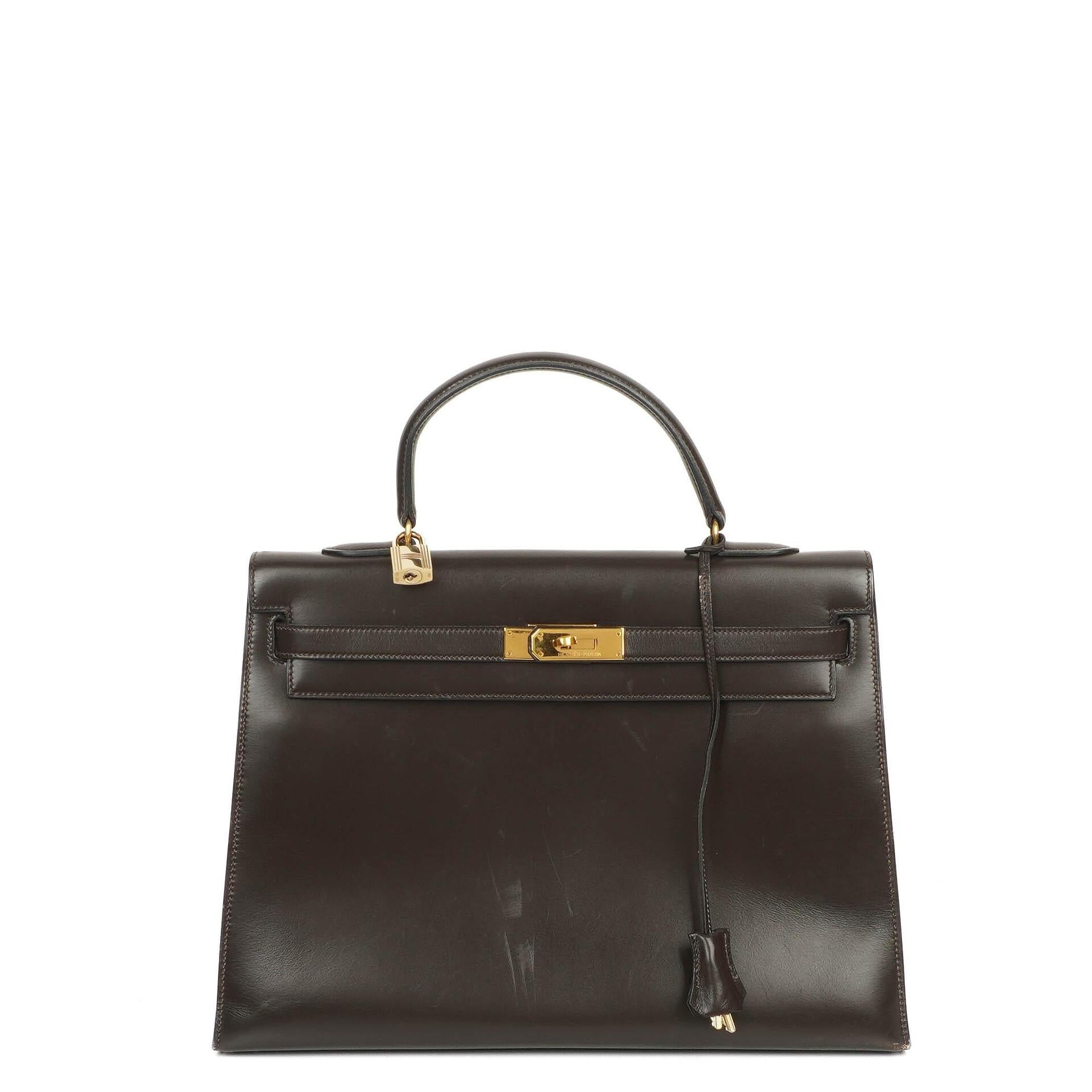 Hermès Kelly 35 Sellier aus braunem Boxkalbsleder und goldfarbener Hardware