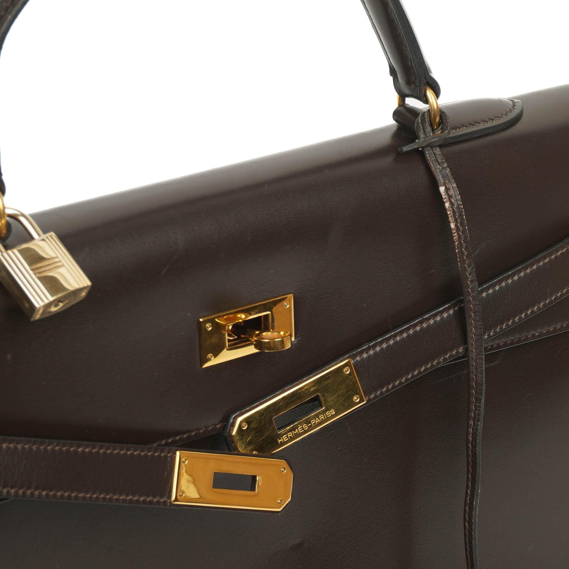 Hermès Kelly 35 Sellier aus braunem Boxkalbsleder und goldfarbener Hardware