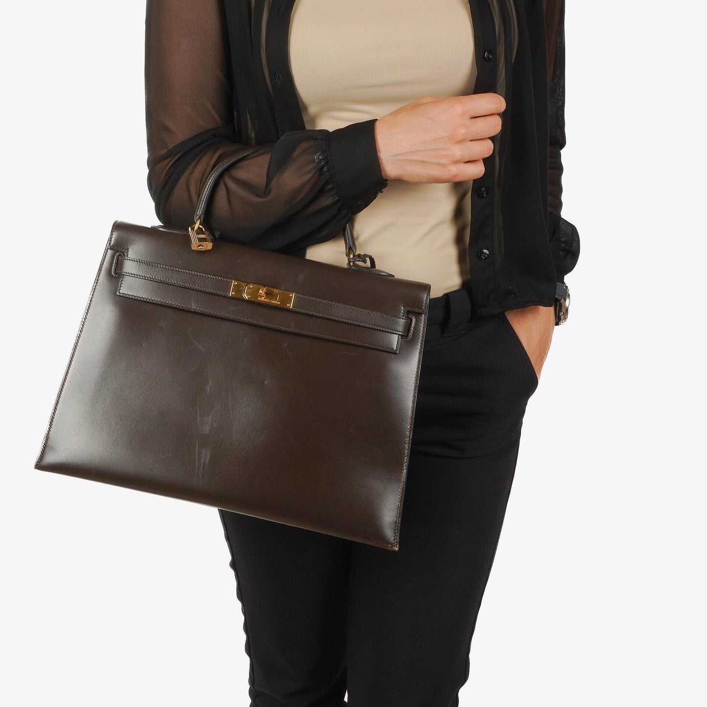 Hermès Kelly 35 Sellier aus braunem Boxkalbsleder und goldfarbener Hardware