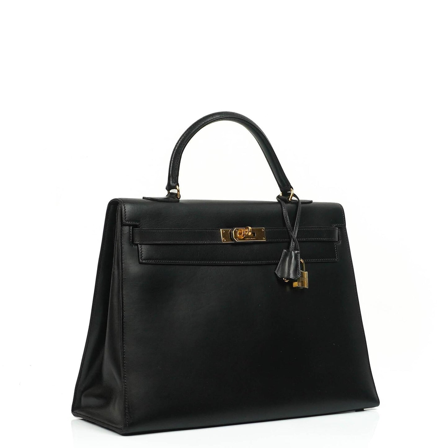 Hermes Kelly 35 Sellier Vintage Schwarzes Boxkalbsleder mit Goldbeschlägen, 1977