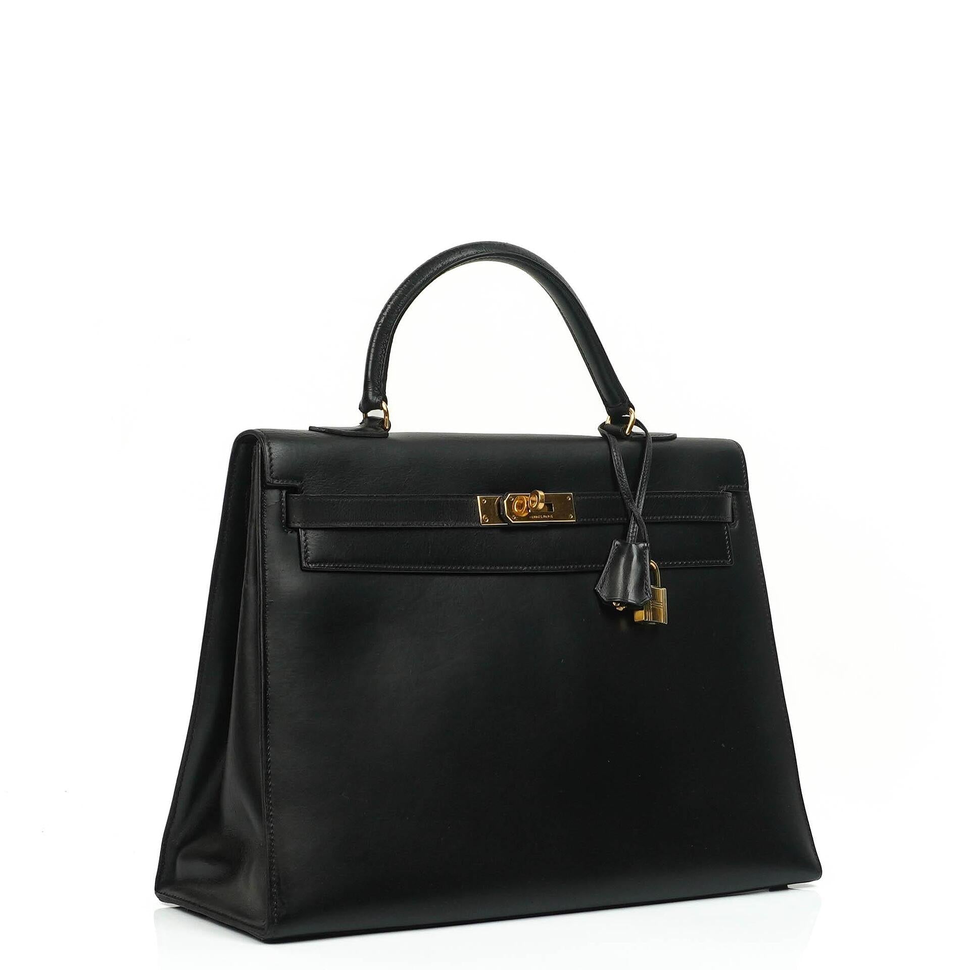 Hermes Kelly 35 Sellier Vintage Schwarzes Boxkalbsleder mit Goldbeschlägen, 1977
