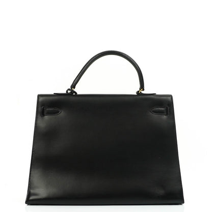 Hermes Kelly 35 Sellier Vintage Schwarzes Boxkalbsleder mit Goldbeschlägen, 1977