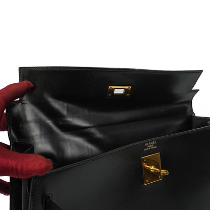 Hermes Kelly 35 Sellier Vintage Schwarzes Boxkalbsleder mit Goldbeschlägen, 1977