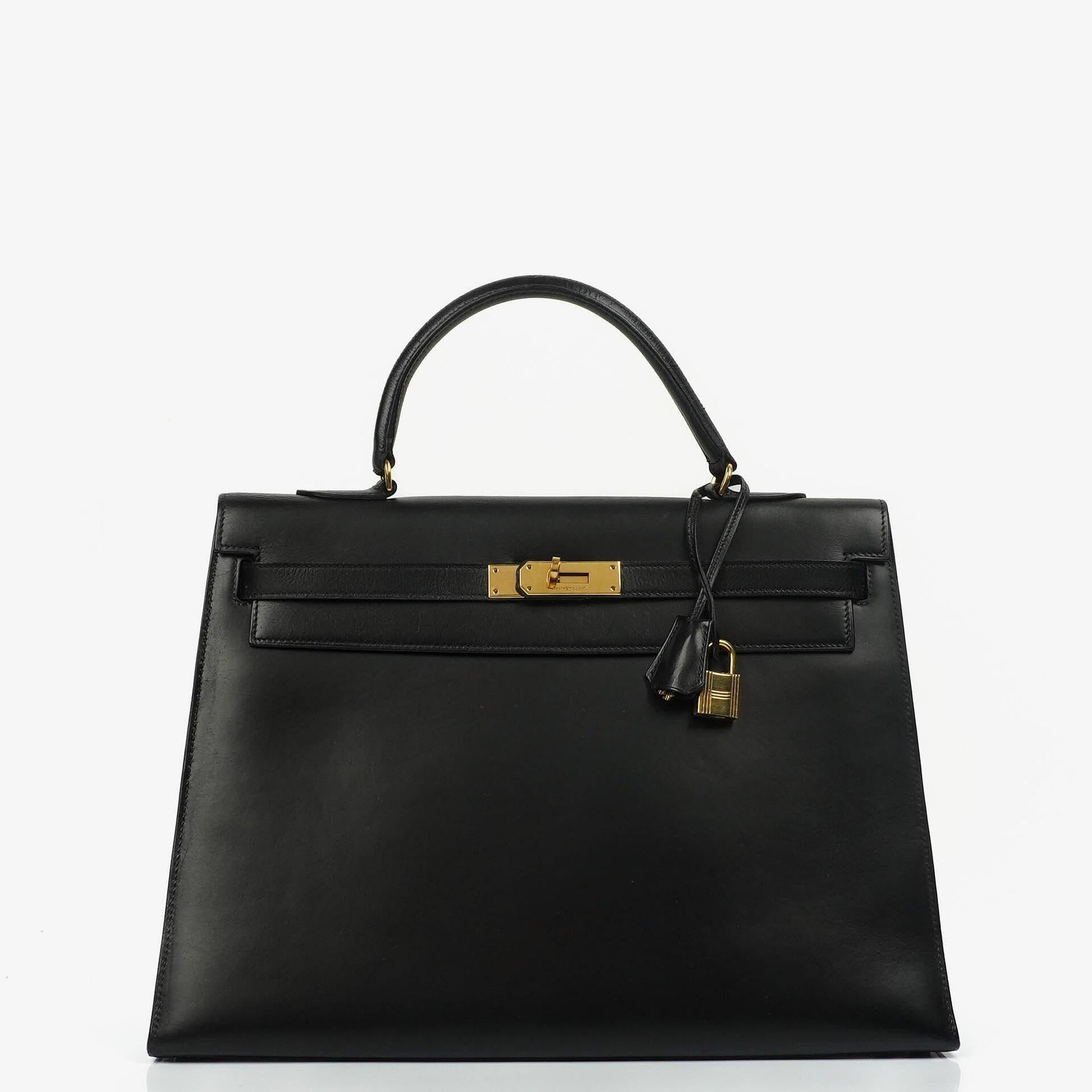 Hermes Kelly 35 Sellier Vintage Schwarzes Boxkalbsleder mit Goldbeschlägen, 1977