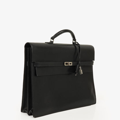 Hermès Kelly Depeches 37 aus schwarzem Boxleder mit Palladium-Beschlägen, 2003