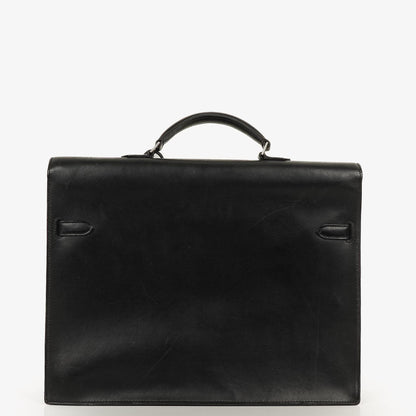 Hermès Kelly Depeches 37 aus schwarzem Boxleder mit Palladium-Beschlägen, 2003