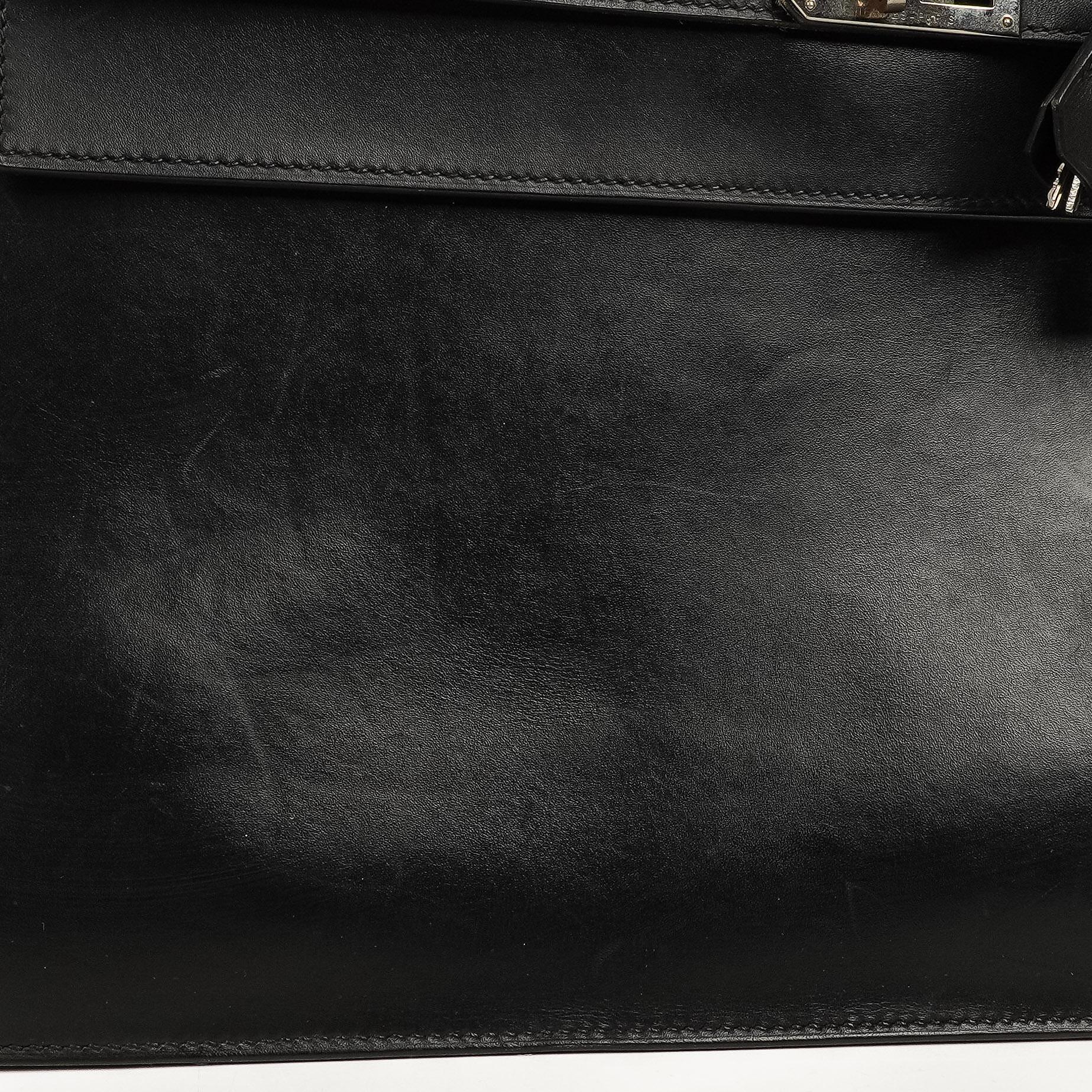Hermès Kelly Depeches 37 aus schwarzem Boxleder mit Palladium-Beschlägen, 2003