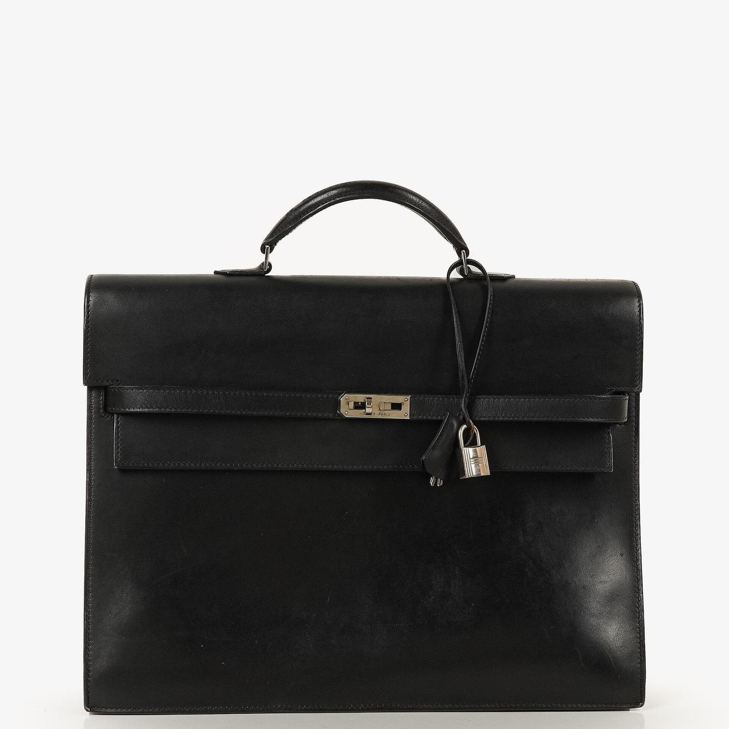 Hermès Kelly Depeches 37 aus schwarzem Boxleder mit Palladium-Beschlägen, 2003
