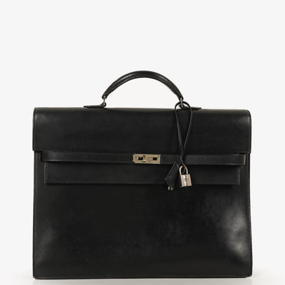Hermès Kelly Depeches 37 aus schwarzem Boxleder mit Palladium-Beschlägen, 2003
