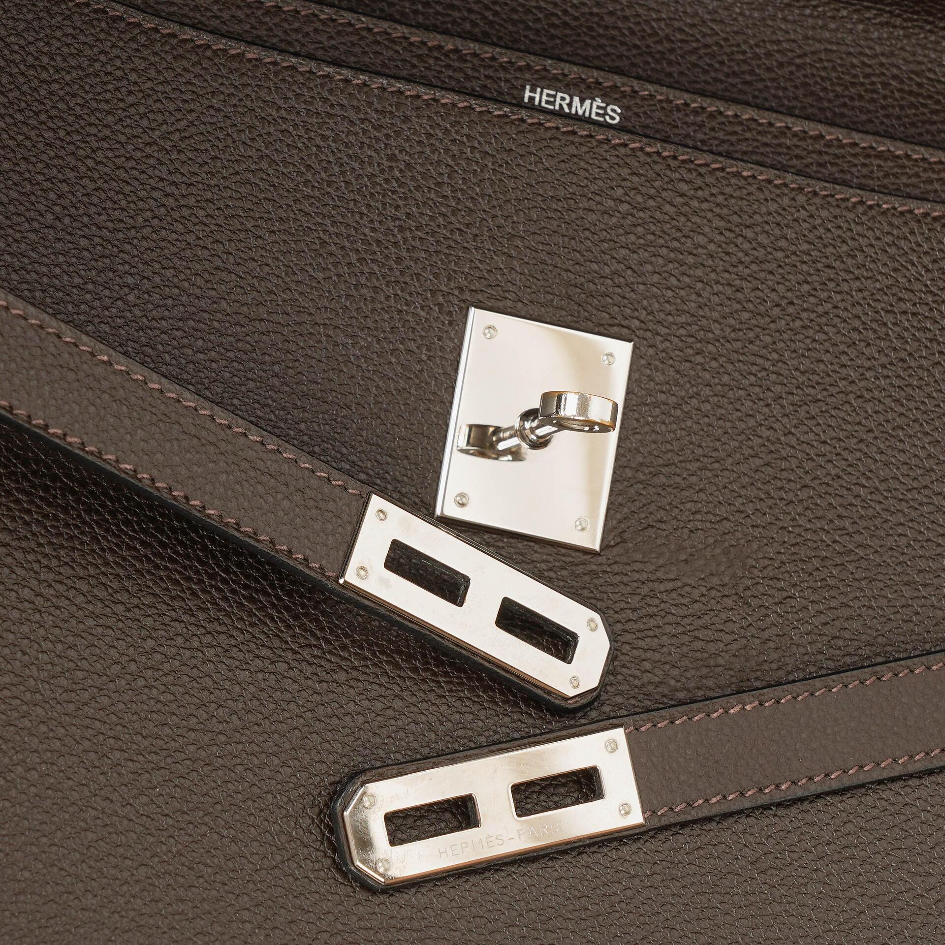 Hermes Kelly Depeches 38 Macassar Epsom Leder Mit Palladium Beschlägen
