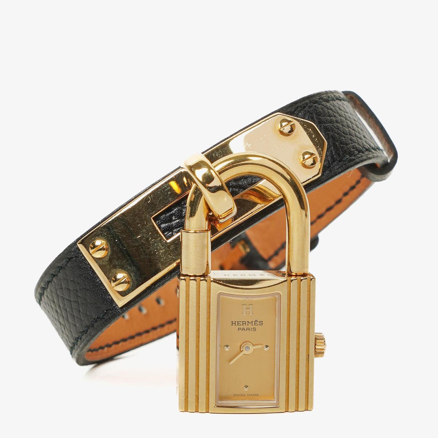 Hermès Kelly Noir Uhr aus Courchevel Leder mit Vergoldung