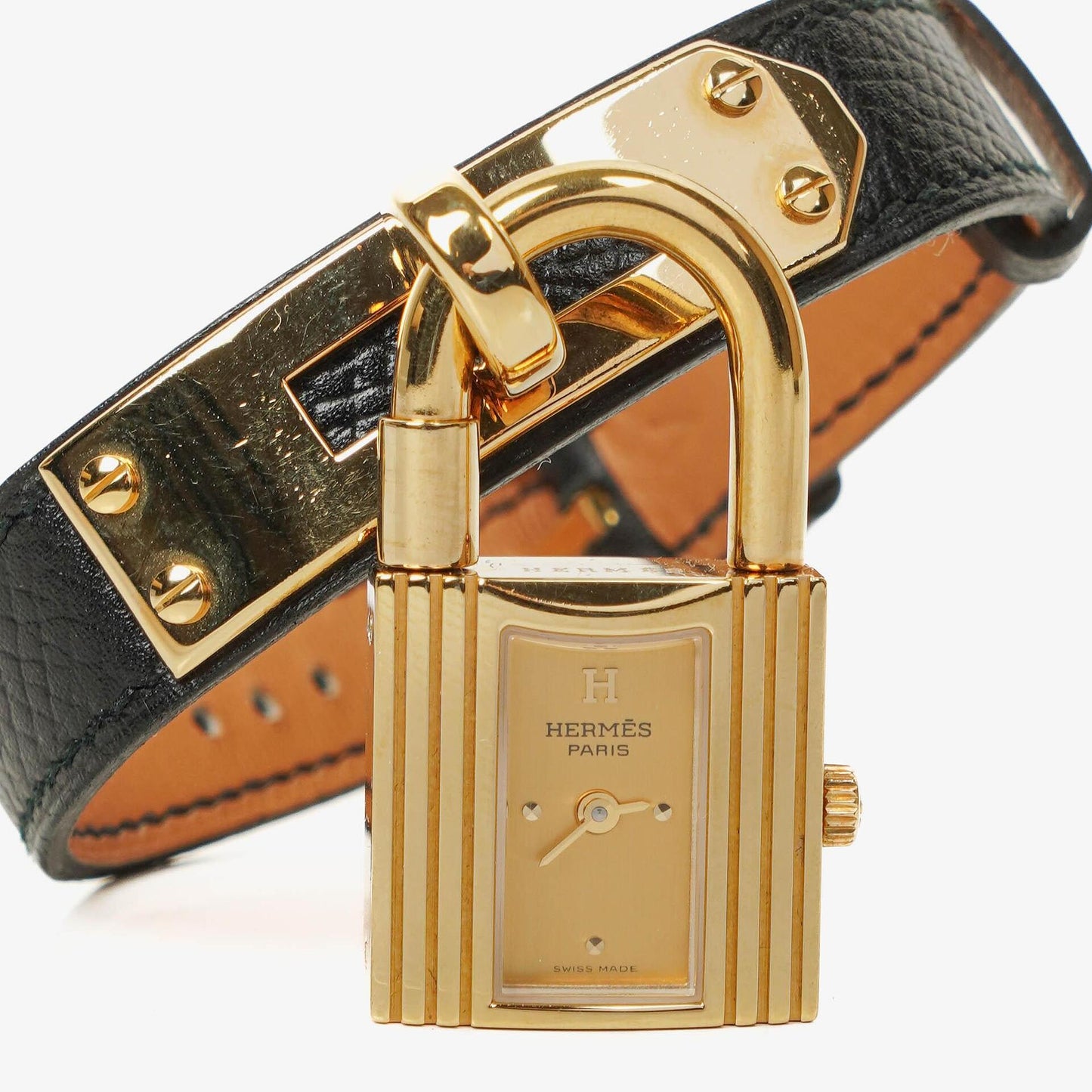 Hermès Kelly Noir Uhr aus Courchevel Leder mit Vergoldung