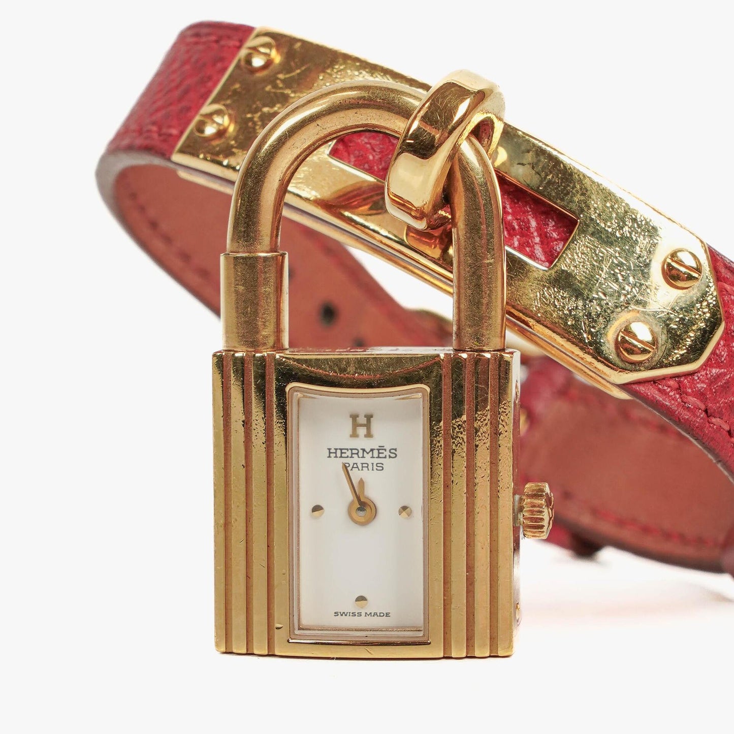 Hermès Kelly Uhr aus Rouge Courchevel Leder, vergoldet