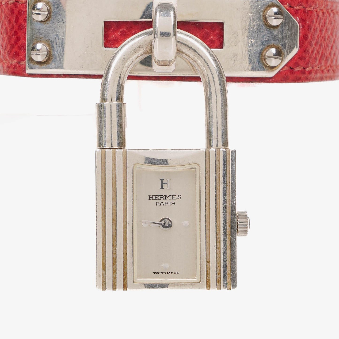 Hermès Kelly Uhr aus Rouge Courchevel Leder in Silberoptik