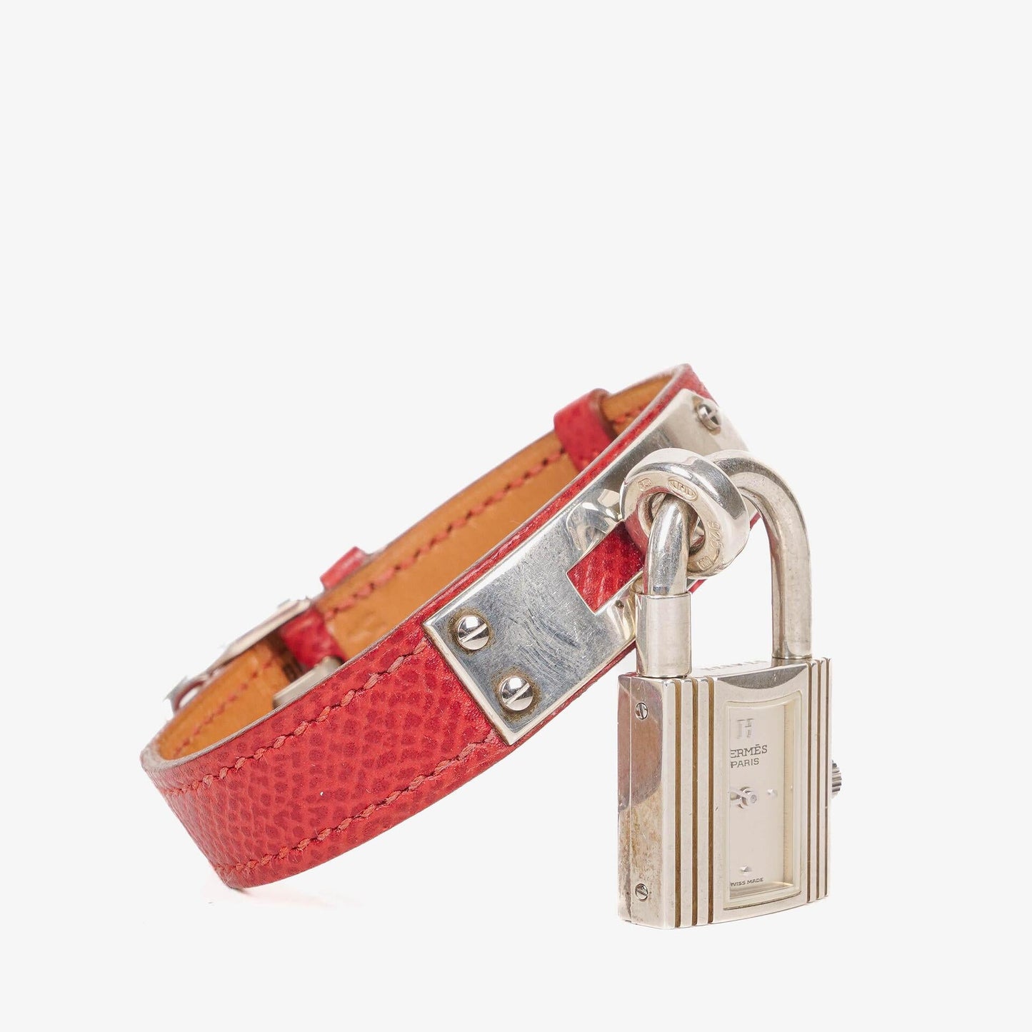 Hermès Kelly Uhr aus Rouge Courchevel Leder in Silberoptik