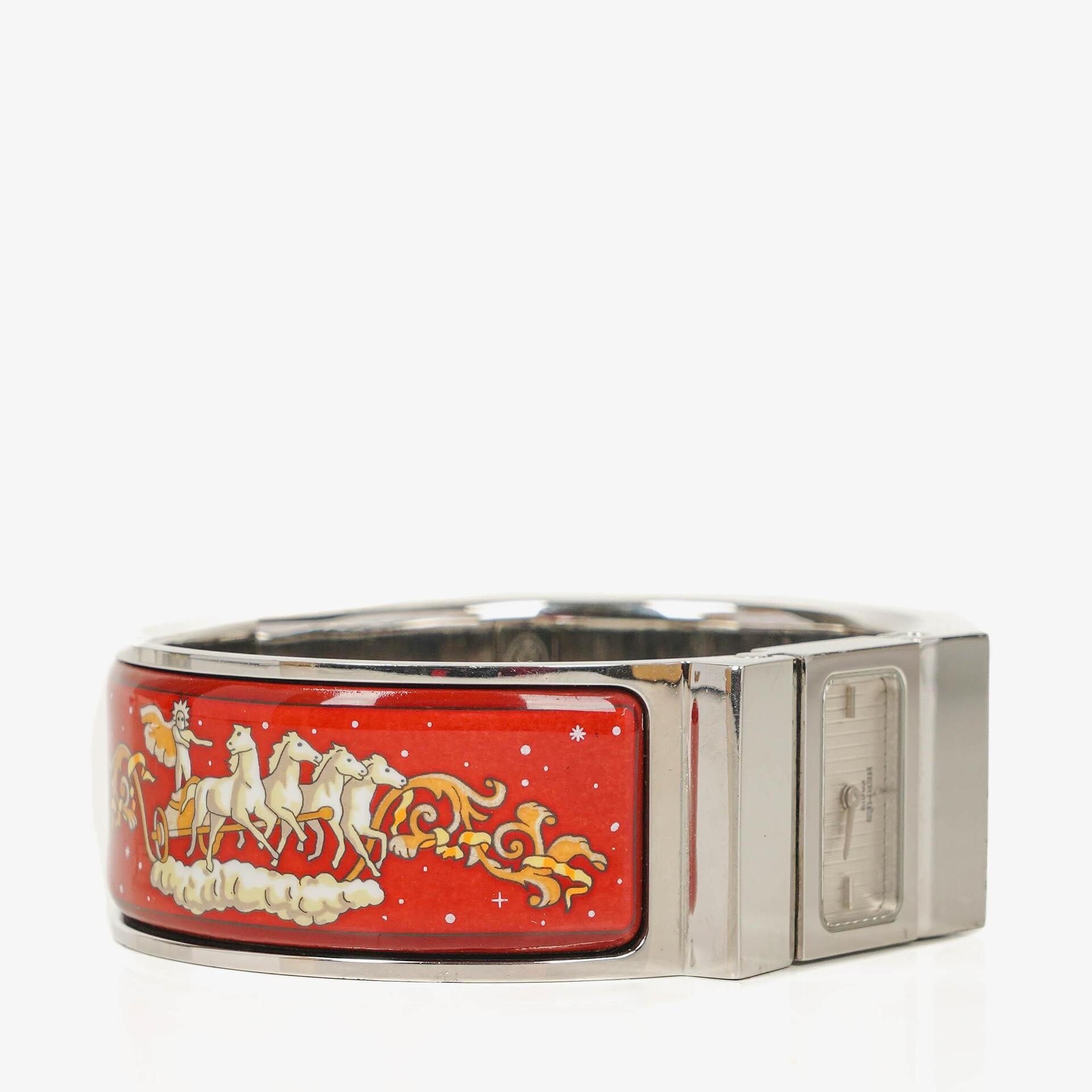 Hermès Loquet Armreif-Quarzuhr in Rot und Silber L01.110