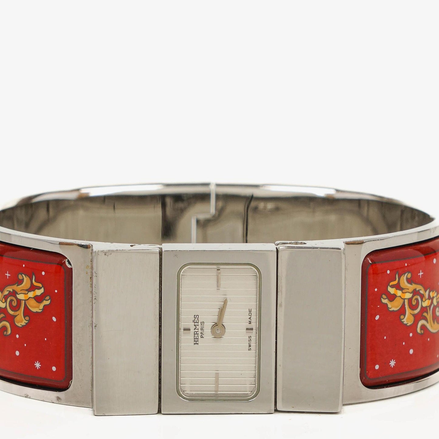 Hermès Loquet Armreif-Quarzuhr in Rot und Silber L01.110
