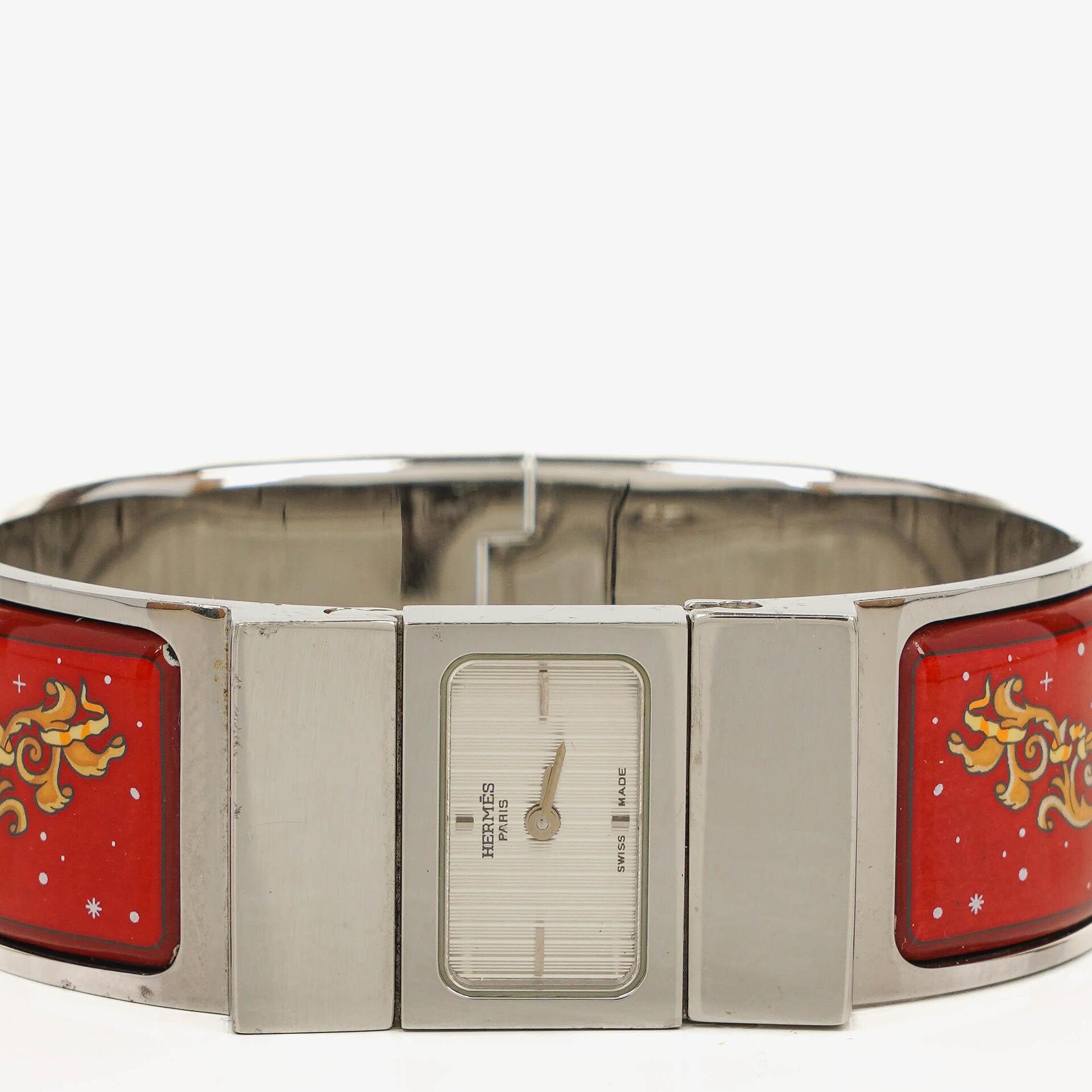 Hermès Loquet Armreif-Quarzuhr in Rot und Silber L01.110