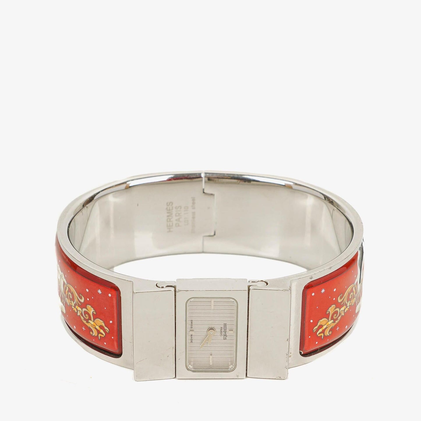 Hermès Loquet Armreif-Quarzuhr in Rot und Silber L01.110
