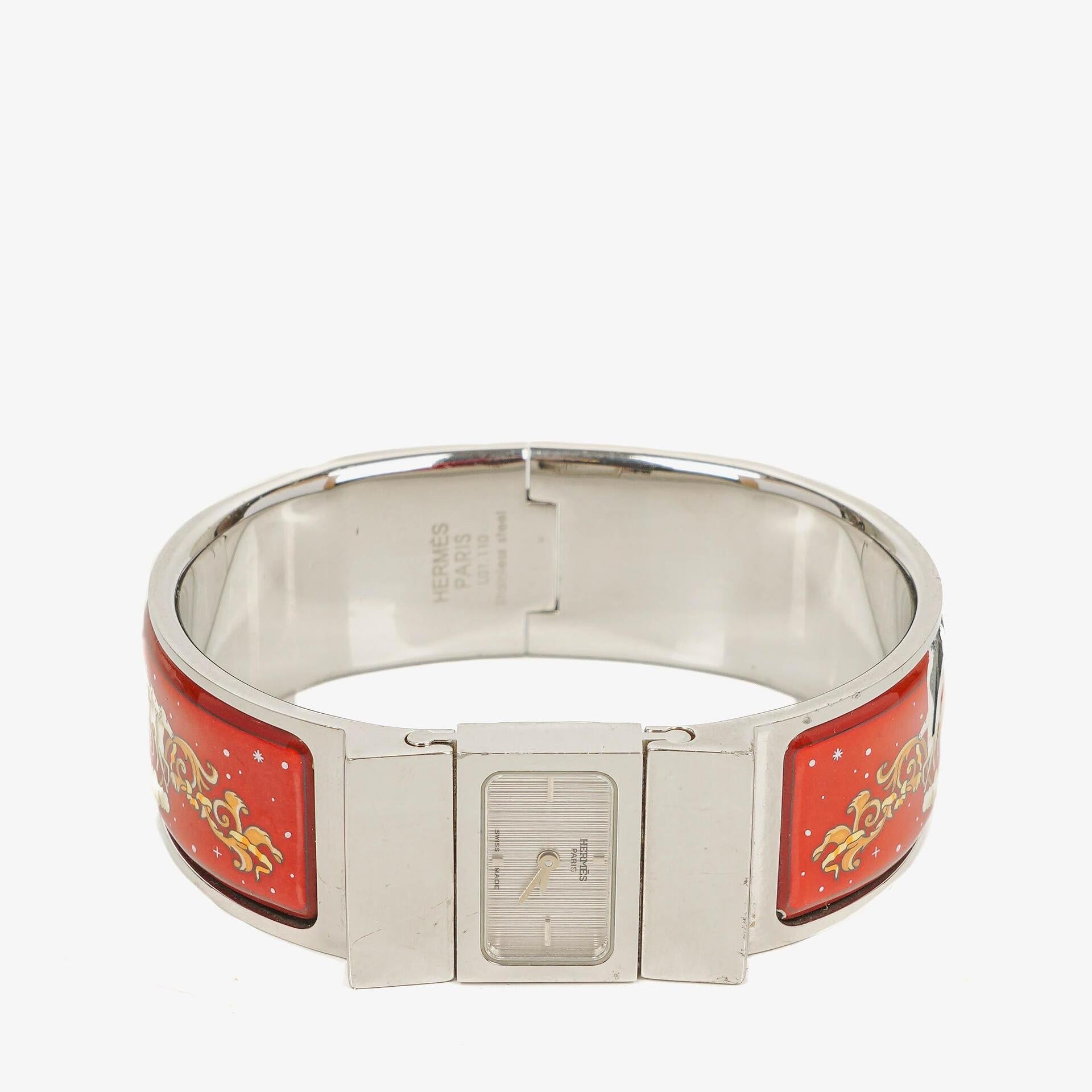 Hermès Loquet Armreif-Quarzuhr in Rot und Silber L01.110