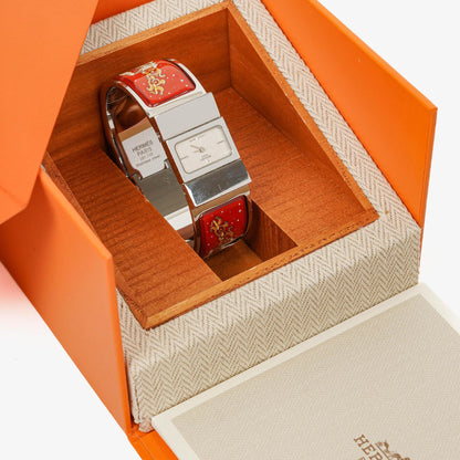 Hermès Loquet Armreif-Quarzuhr in Rot und Silber L01.110