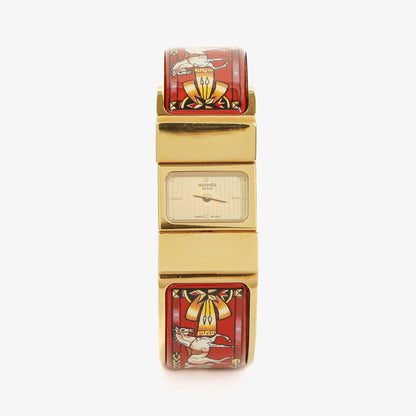 Hermès Loquet Armreif-Quarzuhr L01.200 mit rotem Reiter-Emaille und vergoldeten Details