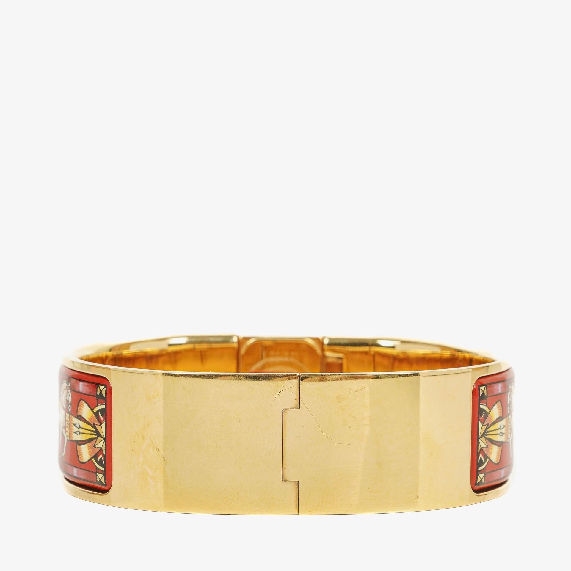 Hermès Loquet Armreif-Quarzuhr L01.200 mit rotem Reiter-Emaille und vergoldeten Details