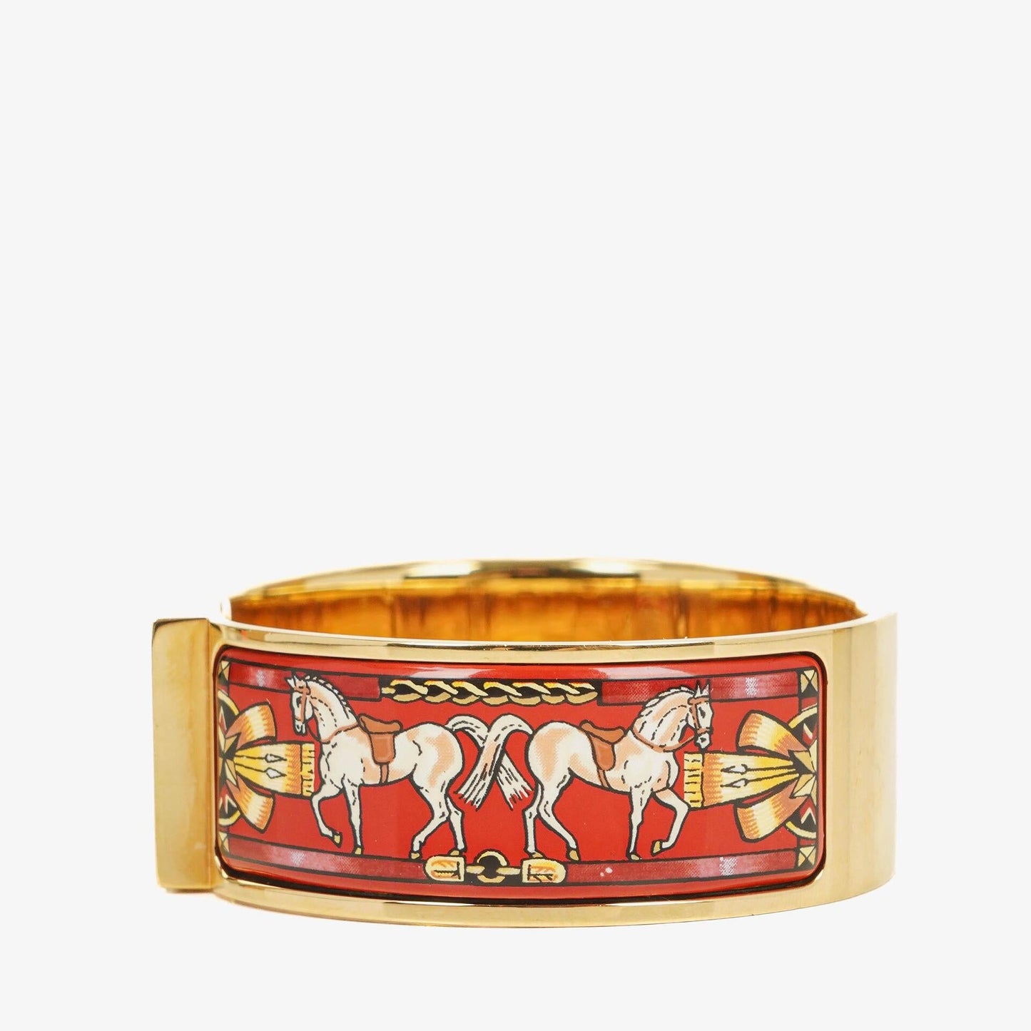 Hermès Loquet Armreif-Quarzuhr L01.200 mit rotem Reiter-Emaille und vergoldeten Details
