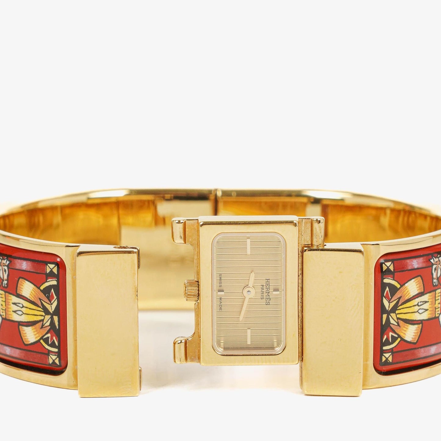 Hermès Loquet Armreif-Quarzuhr L01.200 mit rotem Reiter-Emaille und vergoldeten Details