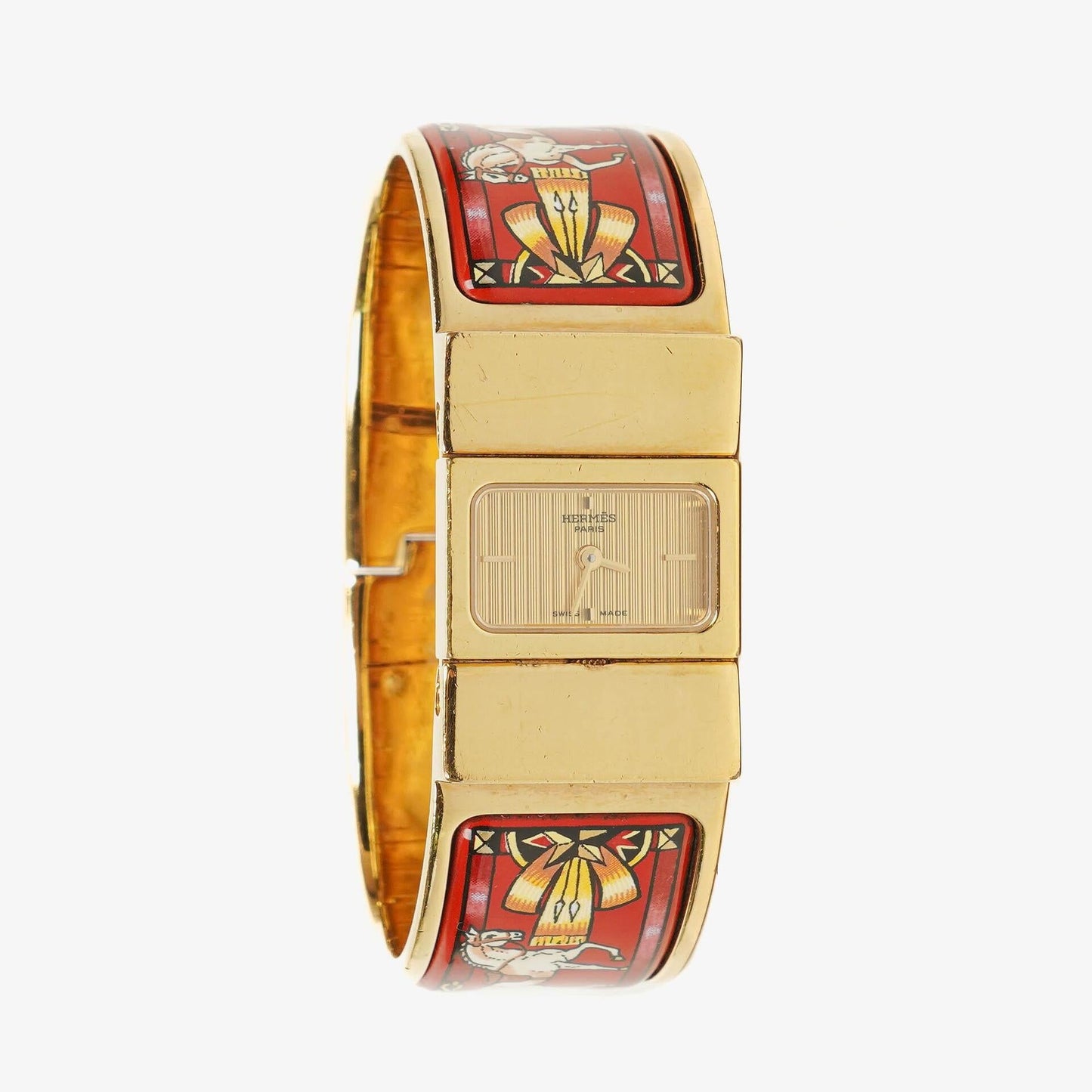 Hermès Loquet Armreif-Quarzuhr mit roter Reitsport-Emaille und vergoldetem Finish, L01.201