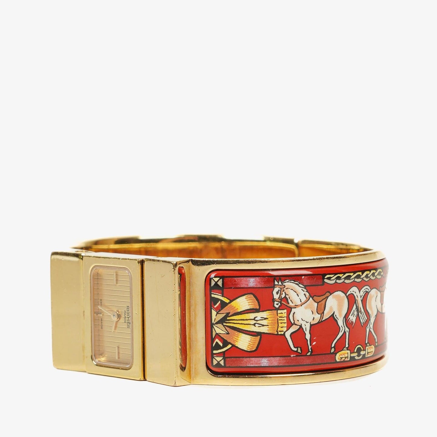 Hermès Loquet Armreif-Quarzuhr mit roter Reitsport-Emaille und vergoldetem Finish, L01.201