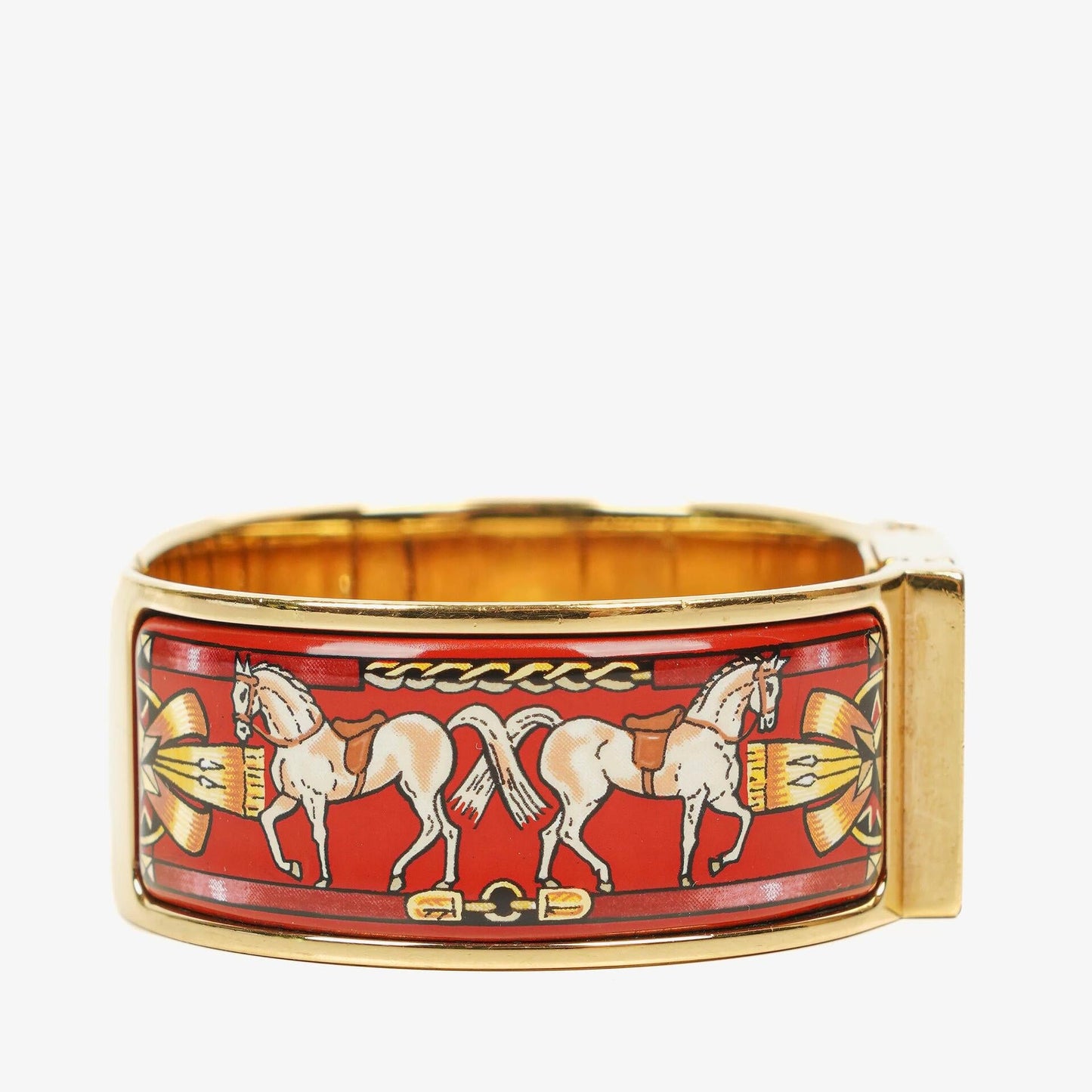 Hermès Loquet Armreif-Quarzuhr mit roter Reitsport-Emaille und vergoldetem Finish, L01.201