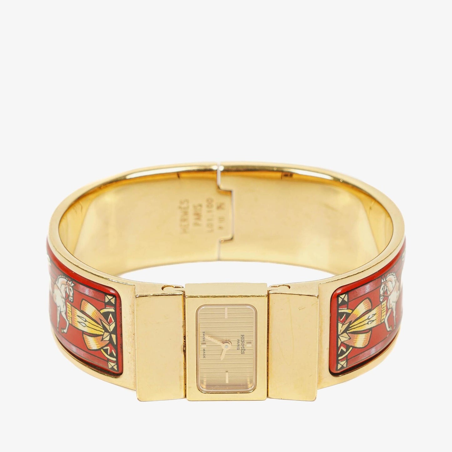Hermès Loquet Armreif-Quarzuhr mit roter Reitsport-Emaille und vergoldetem Finish, L01.201