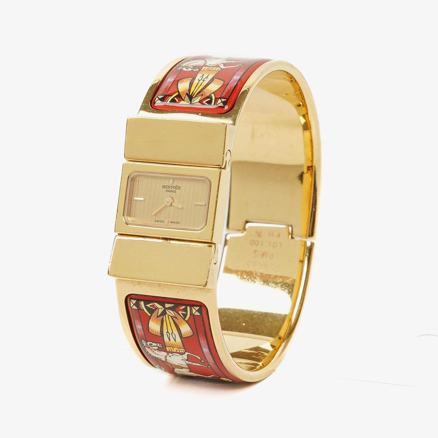 Hermès Loquet Armreif-Quarzuhr mit roter Reitsport-Emaille und vergoldetem Finish, L01.201