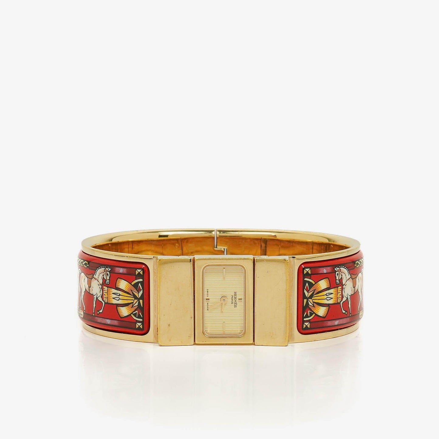 Hermès Loquet L01.201 Quarz-Armreifuhr mit roter Equestrian-Emaille und Vergoldung