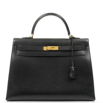 Hermès Vintage Kelly 35 Sellier Schwarzes Boxkalb Gold Hardware