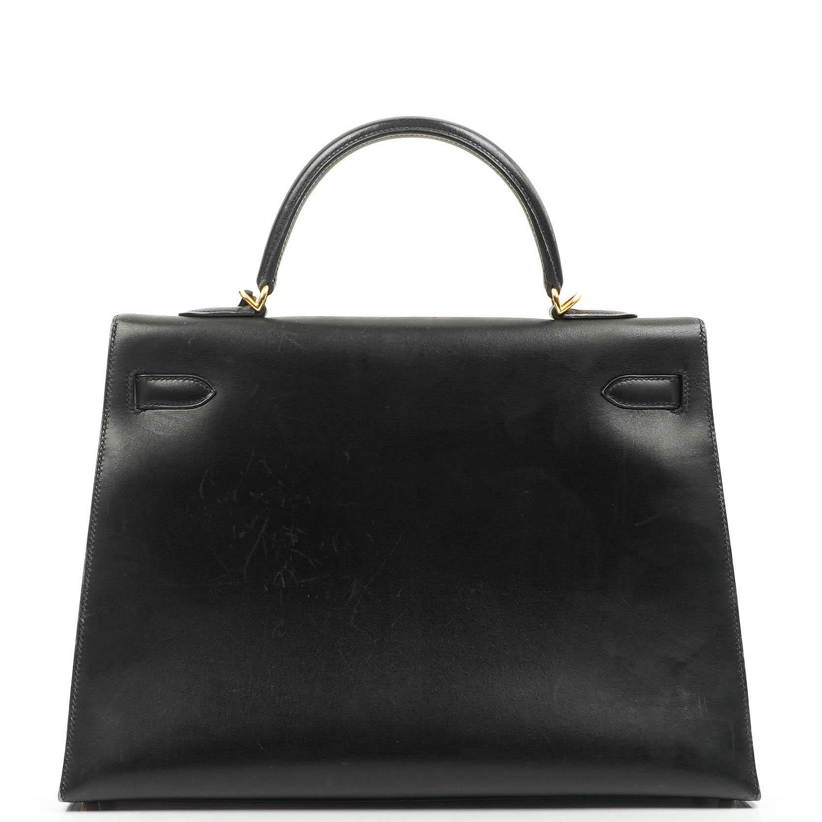 Hermès Vintage Kelly 35 Sellier Schwarzes Boxkalb Gold Hardware