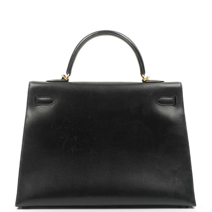 Hermès Vintage Kelly 35 Sellier Schwarzes Boxkalb Gold Hardware