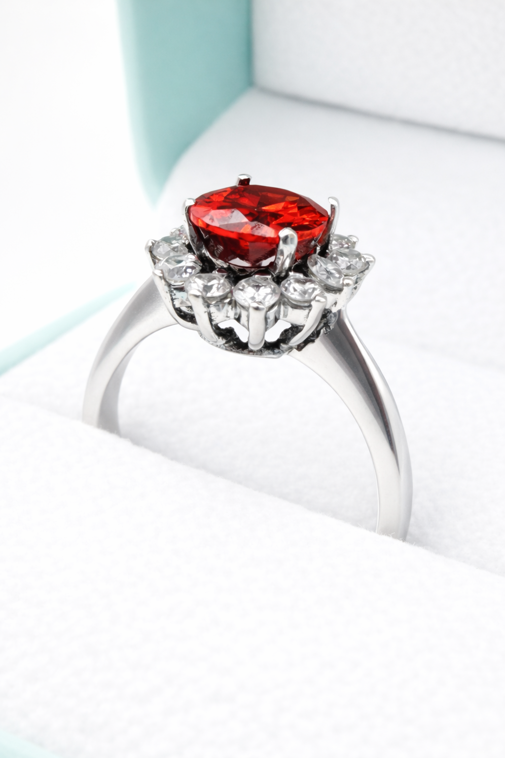 18K Vintage Weißgold Ring mit rotem Rubin & Diamanten