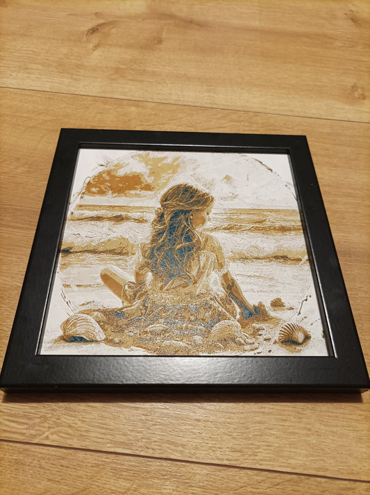 3D-gedrucktes Wandbild „Mädchen am Strand“ mit Rahmen, 22x22 cm