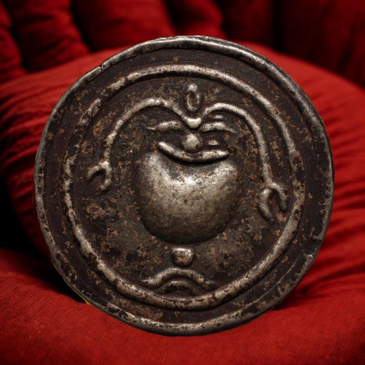 Very rare Dvaravati silver medal, 12th century AD, Purnakumbha &amp; inscription, Rare Buddhist artifact