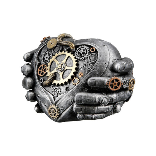 Skulptur „Steampunk‑Herz in Händen“ – Dekofigur aus Resin/Metalloptik